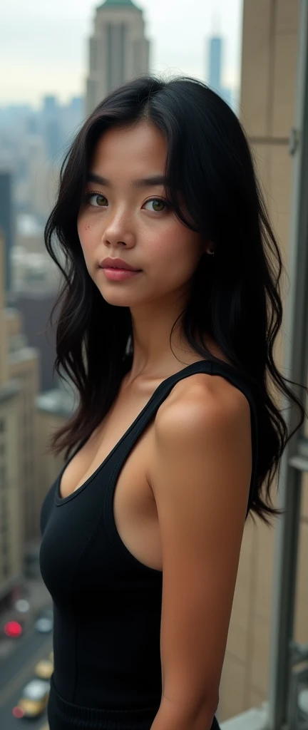 arafed instagram supermodel, biracial features, mid-length black hair, pale skin, perfect face, looking hot, victoria secret body, jenn im, harsh polaroid flash, vintage quality, in the night, dark background, one girl, vogue