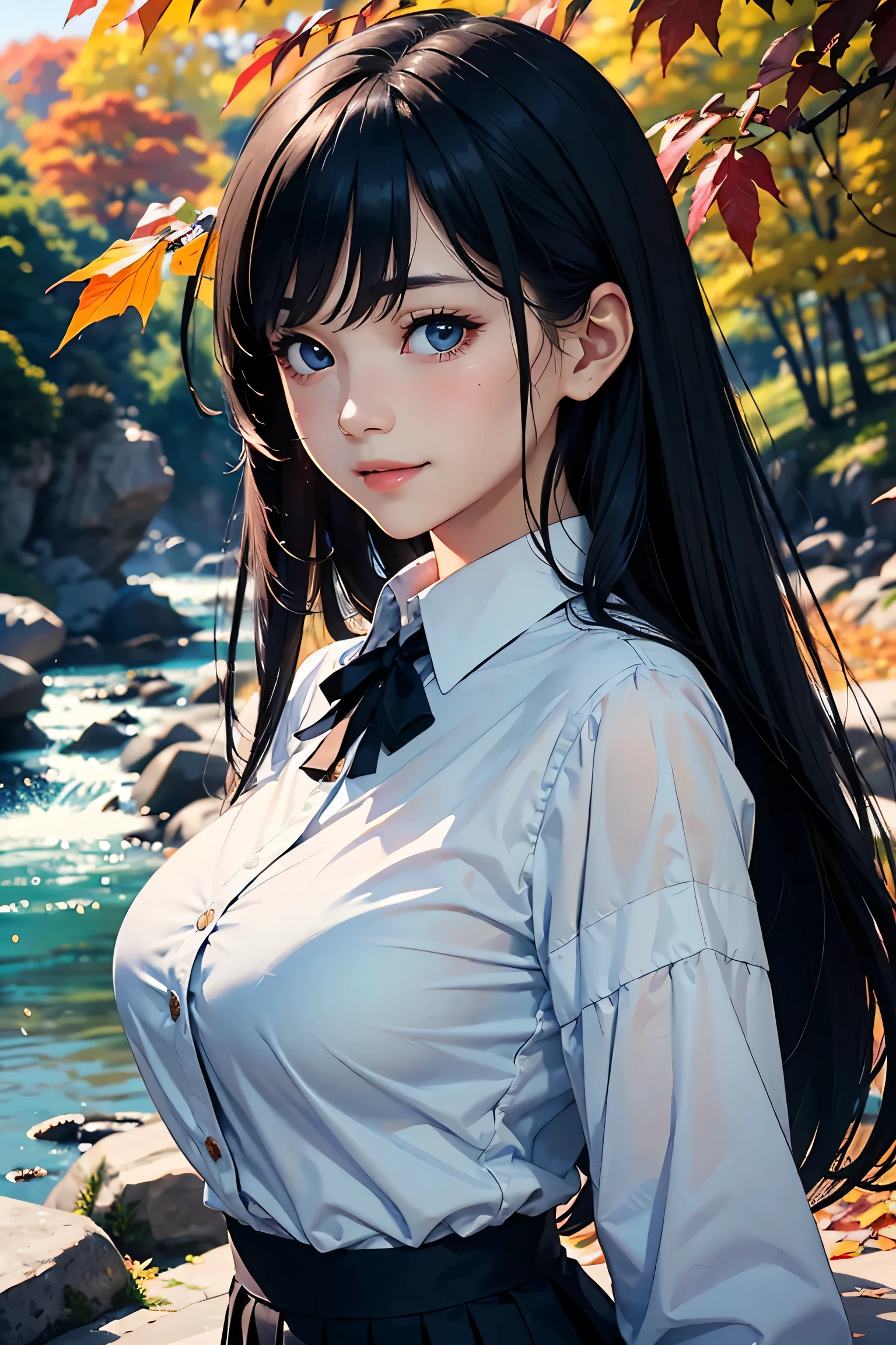 masterpiece, Super detailed, Highest quality, Very detailed, 4K, 8K, Ultra-high resolution, Photorealistic, One girl, 17yo, beautiful girl, Detailed face, Face Focus, Clear beauty, Cute eyes, Deep and detailed, Focus your eyes, (Beautiful reflective, shiny light blue eyes), (Half closed eyes), (Watery eyes), Charming smile, Detailed lips, Part your lips, (Pretty lips:1.3), (blush:1.2), Shiny black hair, Blunt bangs, High Ponytail, Long straight floating hair, French maid, Maid clothes, Maid's Headdress, (Huge breasts),
break, (Open shirt:1.4), (S&M color:1.3), whole body, Shoot from the front, View your viewers, Walking in the forest,