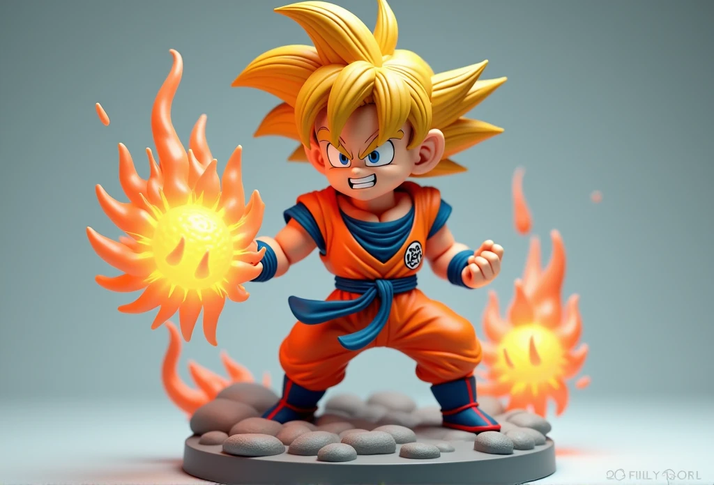 goku dragon ball bodybuilder, beautiful face, serious face, orange hair, red eyes, perfect body, fire background, chaos, (full body), fit body, abs, medium breasts, muscular,blue and orange topless armor, (cute, chibi)