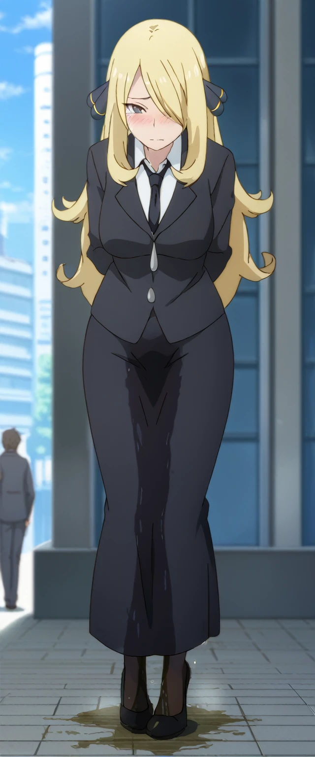 (high quality,Very detailed:1.37, High resolution), 2d, anime, anime style, anime source, Woman, Cynthia \(Pokemon\), business suit, necktie, (long skirt:1.25), (pencil skirt:1.5), pantyhose, huge breasts, cleavage, looking at viewer, masterpiece, best quality, (wetting self:1.5), desperation, embarrassed, humiliation, blushing, tears, standing, (hands behind back:1.5), city