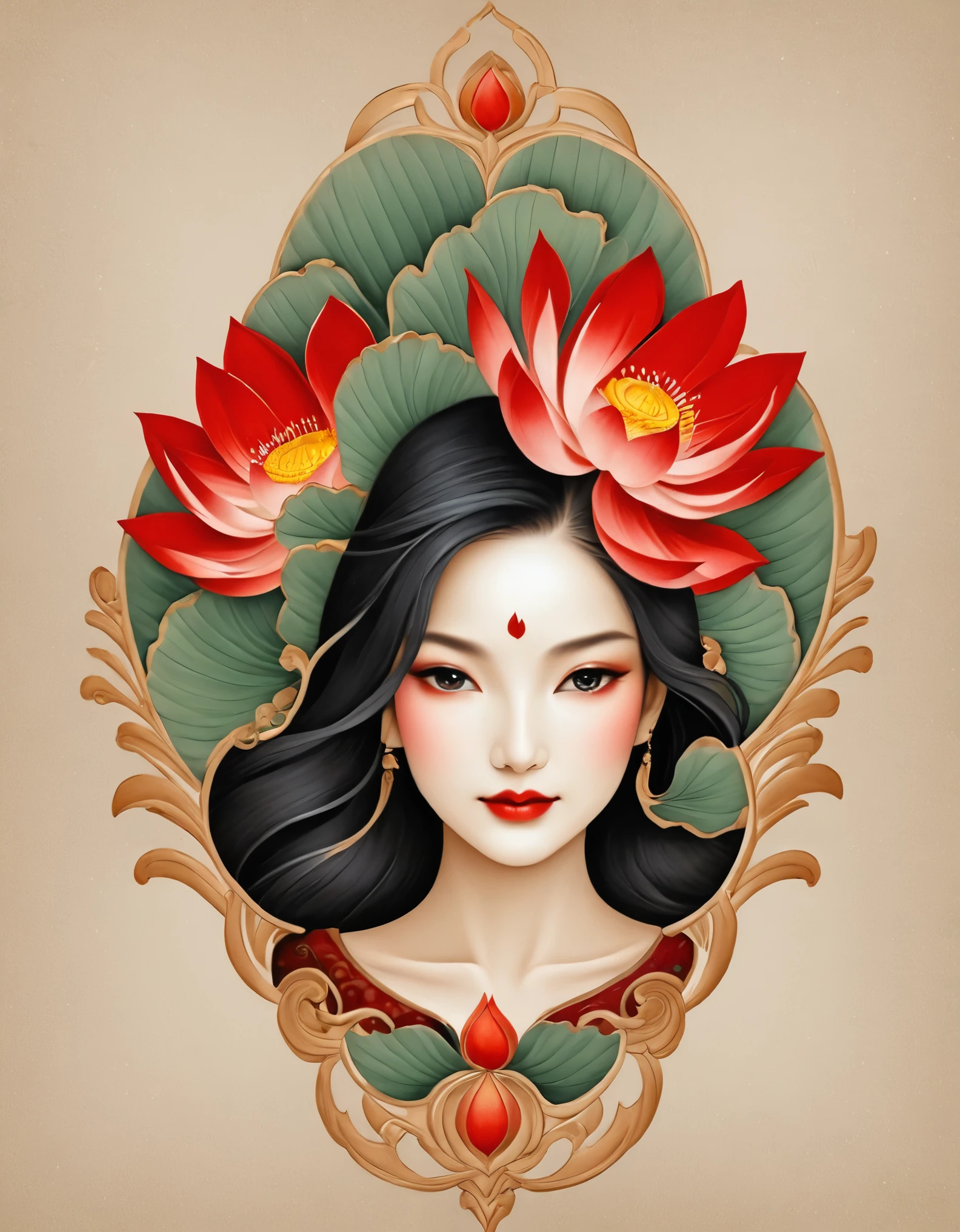 Modern minimalist art，（Close up of a woman with a lotus tattoo on her neck）,This woman has a delicate and charming face，long black hair，（Transparent lotus tattoo on neck：1.3），Flowing Hair Vignette，Beautiful face，red fox, delgado, beautiful eyes， elegant digital art, beautiful digital illustrations, beautiful figure painting, with small splashes of paint around and paint running down the bottom of the painting, rich in details, work of art, good taste, innovative