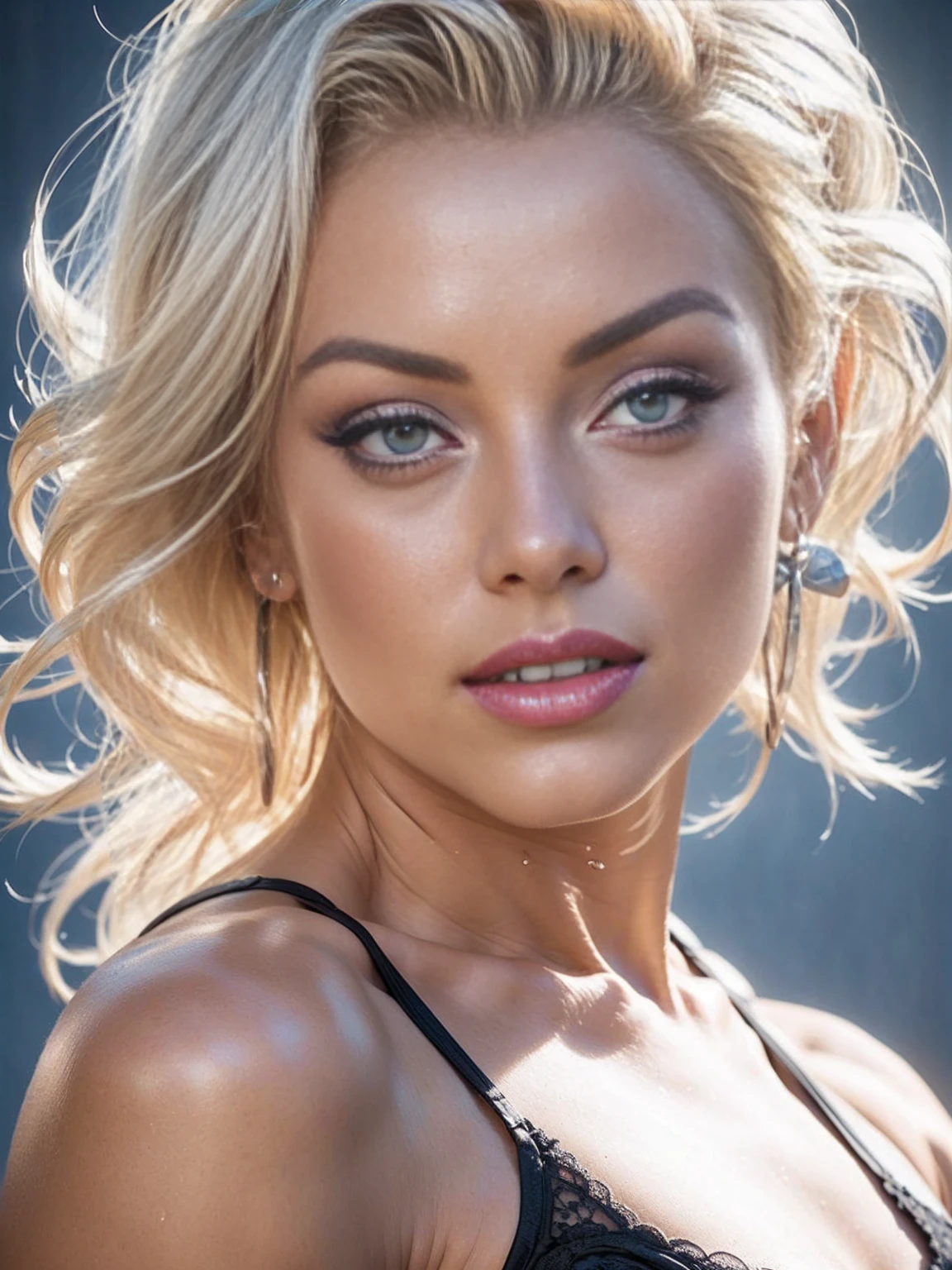 Beautiful Bodybuilder female,Marilyn Monroe face,blond clean hair,clean blue eyes,lace lingerie,God light,best quality,ultra-detailed,realistic,full body view,vivid colors,warm color tones,sharp focus,studio lighting.