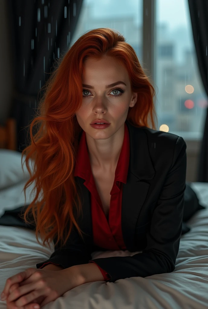 full length photoshoot, sexy woman (Sophie Turner), long curly red hair, gorgeous eyes, high arched eyebrows, seductive look, black low-cut silk shirt, black fitted leather pants, stilettos, midnight modern metropolis, spot lighting, backlight on hair, shallow depth of field, bokeh, (best quality,4k,8k,highres,masterpiece:1.2),ultra-detailed,realistic,professional,realistic face of Sophie Turner, sexy,beautiful detailed eyes,beautiful detailed lips,long eyelashes,radiant skin,flowing hair,sexy Sophie Turner, sensual expression,gorgeous makeup, feminine silhouette,soft lighting,vivid colors, revealing, sitting on bed with legs spread in bedroom, cameltoe, open seductive smiling mouth, legs spread, happy worshipping, manspreading, hands behind back, hands not visible