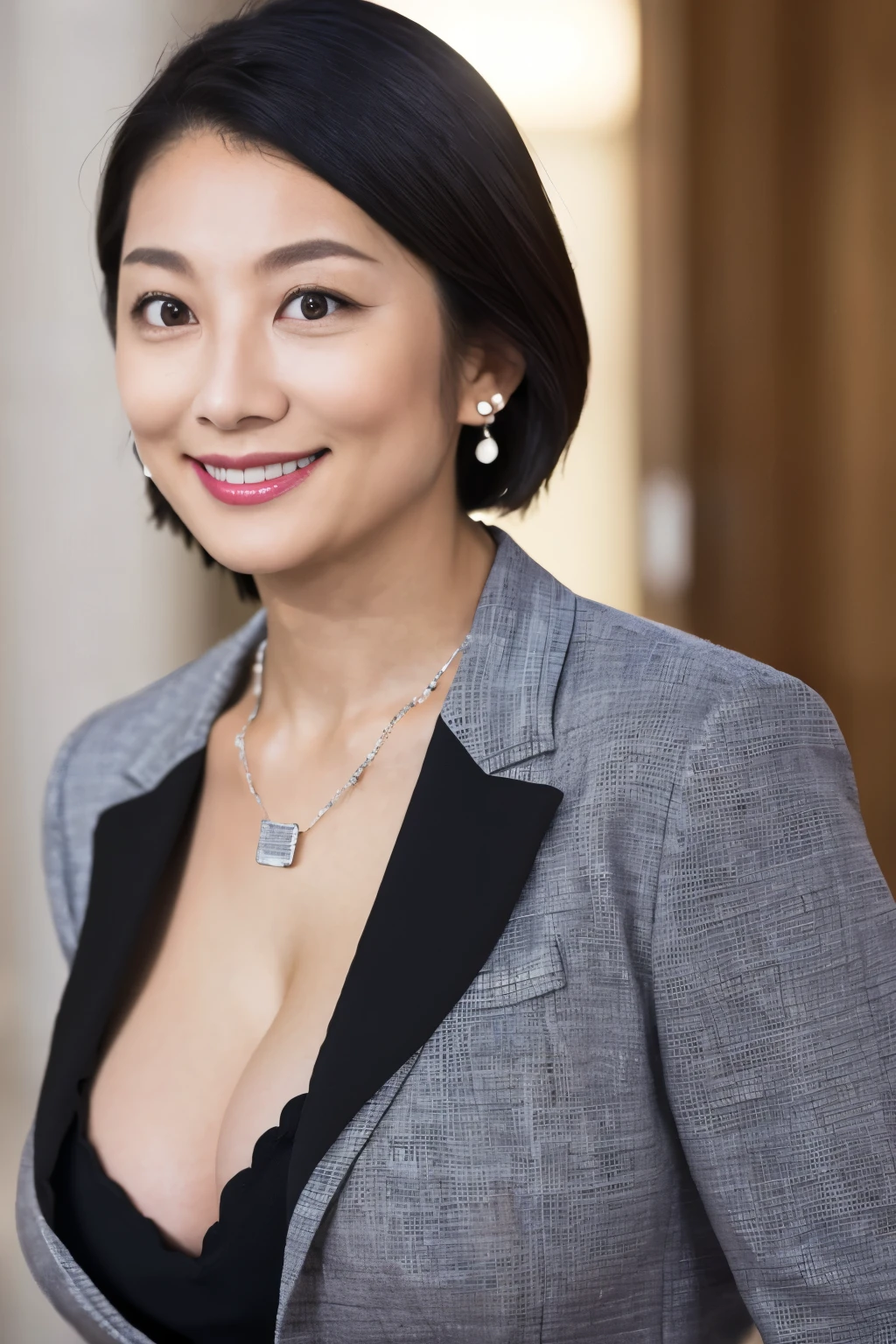 black hair, short hair, smile, depth of field, ((UHD)), textured skin, super detail, (high details), (high quality), 8k, 1girl, sexy, (SFW:1.0), realistic,(1japanese women politician:1.2), cleavage, black jacket, suit, silver necklace, parliament badge, earrings, real skin, (sagging breasts:1.0), (big breasts:1.4), mole, in parliament, in congress, in senate, meeting, indoors, standing, microphone, talking