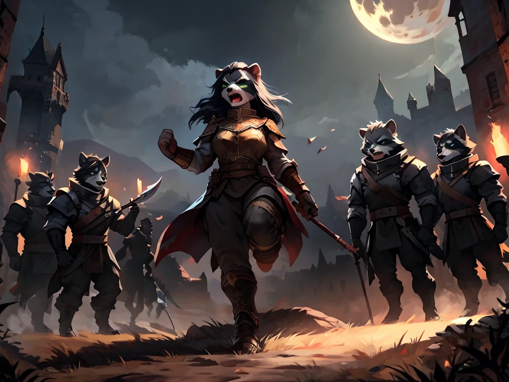 full body, battle ground background、full moon, A female raccoon, custom armor, night, medieval castle, very detailed, masterpiece, ultra resolution, perfect quality ,vivid colors,determined expression, strong shadows,majestic, dark atmosphere, green eyes, surrounded by soldiers, holding spear up, battle cry, war cry, shouting, swinging spear, attacking with spear, jumping, in battle, using weapon, long black hair 