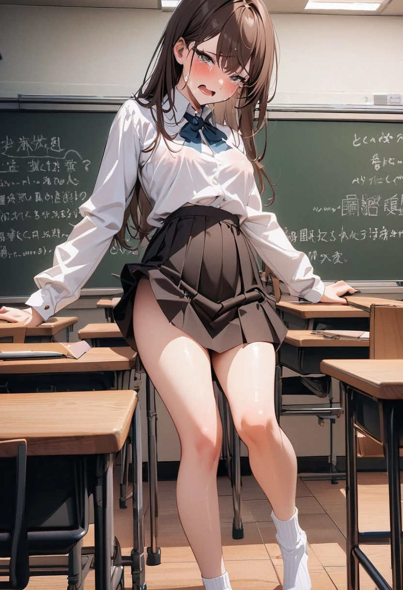 high detal，high high quality，tmasterpiece，（little breast）），Impatient pet pose，School Classroom， legs are open