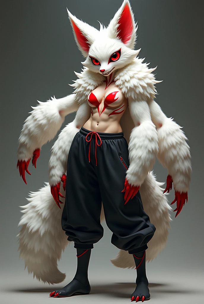 wolf, man, ((black skin, extremely detailed body, detailed paws, serious expression, 4k, 8k, ultra-detailed)) (perfect anatomy), detailed hands, ((heterochromia, blue right eye, red left eye, extremely detailed eyes)), ((chest tattoo, red tattoo, waning moon tattoo)), full body vision, cinematic lighting, professional lighting, centered, looking at camera, 8k, 3d shader, maximum focus, depth of field, perfect lighting, light particles, (best quality), sharp focus, light particles, standing, black shorts, standing, detailed legs, detailed paws,