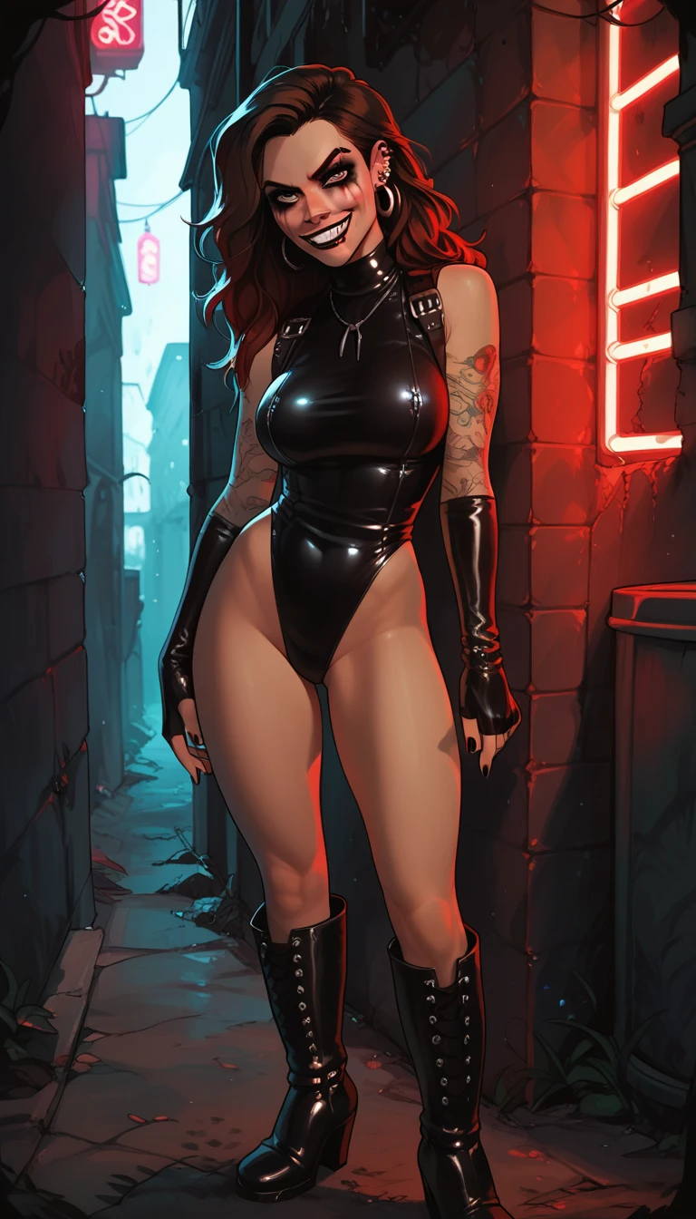 Extremely busty thin and toned brunette death metal girl, fair skin, hair pulled back, sharp face, athletic, heavy makeup, piercings, black leather, studs, leotard, boots, fingerless gloves. standing in a dark alley at night. Nighttime. neon lights. Sly, sneaky, smirking