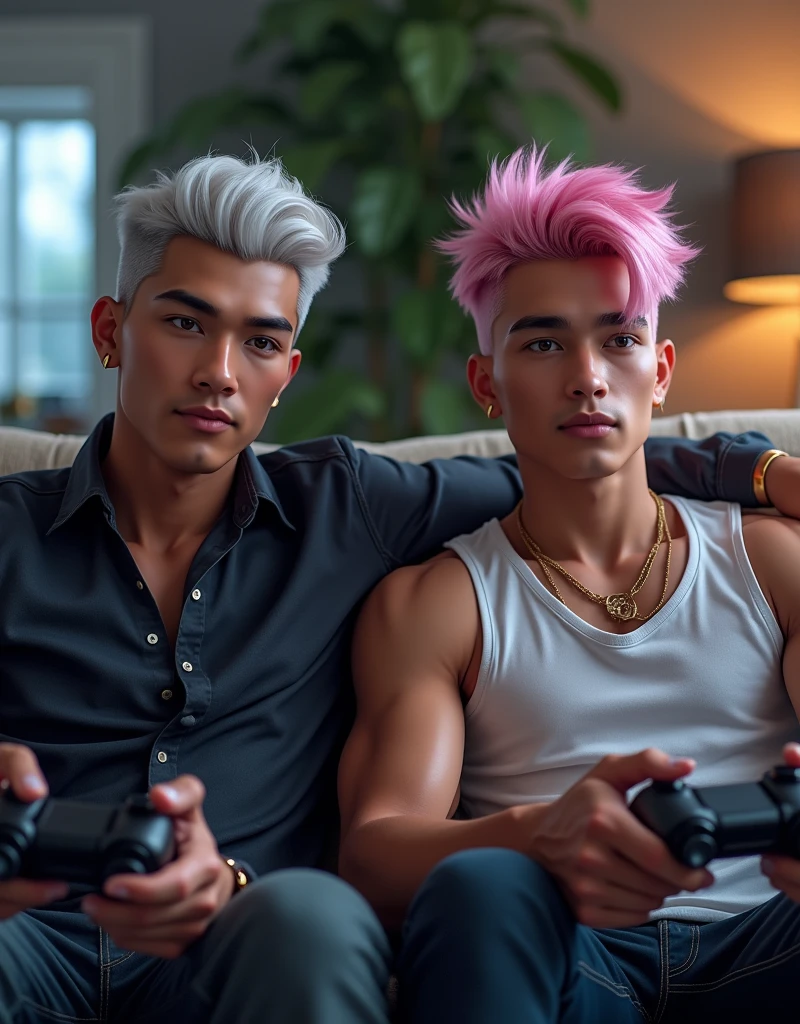 Physical Appearance:
- Age: 29 yea old
- Height: 5 feet 9 inches (175 cm)
- Build: slim and athletic, with a chiseled physique
- Hair: Grey mullet, possibly with a spiky or messy texture
- Eyes: Glowing grey irises, possibly with a piercing or intense gaze
- Body Hair: Possibly some chest hair or a light dusting of hair on his arms and legs, given his masculine build
Attire:
- Upper Body: Shirtless, showcasing his muscular torso and arm
- Lower Body: Wearing a sheer tight fitted stylized white brief with defined outline
- Footwear: White Air Force sneaker
Setting:
- Location: Sitting in his bedroom, on a bed
- Background: The room might be decorated with personal items, such as posters, photos, or gaming consoles, giving insight into his interests and personality
Overall Aesthetic:
- The character exudes a sense of confidence and masculinity, with his muscular build and striking features
- The glowing grey irises add an otherworldly or intense aspect to his appearance
- The stylized briefs and Air Force sneakers suggest a fashion-conscious and modern style
He is very handsome