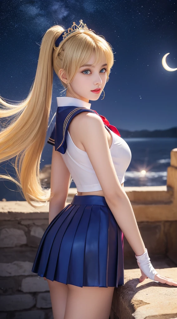 Serena Tsukino de Sailor Moon, semidesnuda, iconic white and blue sailor moon costume, tiene su iconico cetro lunar en la mano,very sexy small clothes,joven, cuerpo muy delgado, super skynny body, small and beautiful buttocks, abdomen tonificado, puedo ver sus senos hermosos y perfectos,piernas hermosas, manos perfectas, intelligent, poder resplandeciente, obscena, poderosa, sensual, In the background is the Tokyo Tower of Japan, se observa la luna grande en el fondo,mirada sensual, ojos hermosos,cabello muy largo, classic long pigtails hairstyle,Hair dyed in bright blonde color, Best quality,8K,A high resolution,Masterpiece,Ultra detailed,Realistic, Photorealistic,photo realistic