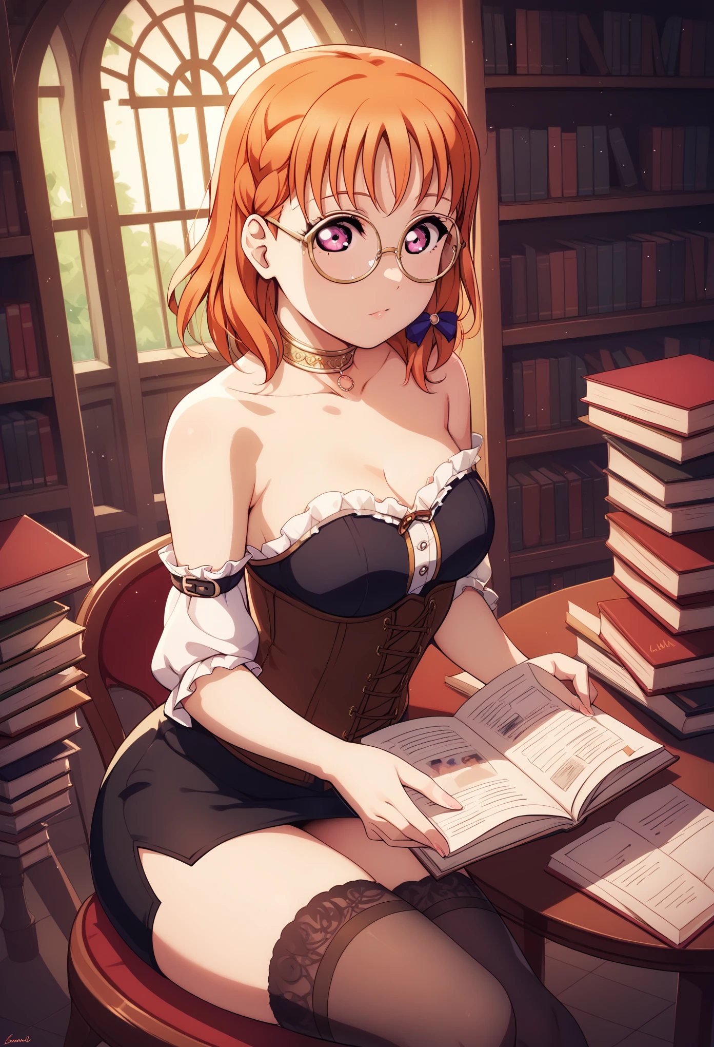 masterpiece, best quality, love live art style, takami chika , orange hair, medium hair, pink eyes, side braid, circle glasses, corset, pencil skirt,collarbone,neck ring, thighhighs, in black dark library , night , looking at viewer, strapless , reading magical book