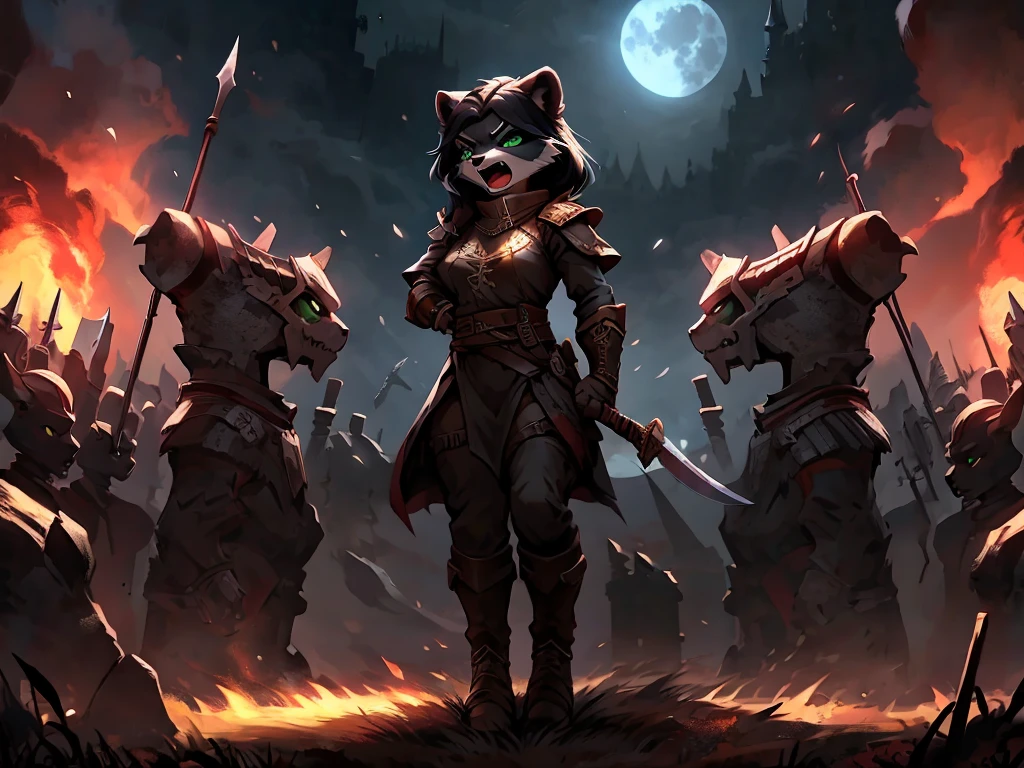 full body, battle ground background、full moon, A female raccoon, custom armor, night, medieval castle, very detailed, masterpiece, ultra resolution, perfect quality ,vivid colors,determined expression, strong shadows,majestic, dark atmosphere, green eyes, surrounded by soldiers, holding spear up, battle cry, war cry, shouting, swinging dagger, attacking with daggers, jumping, in battle, using weapon, long black hair 