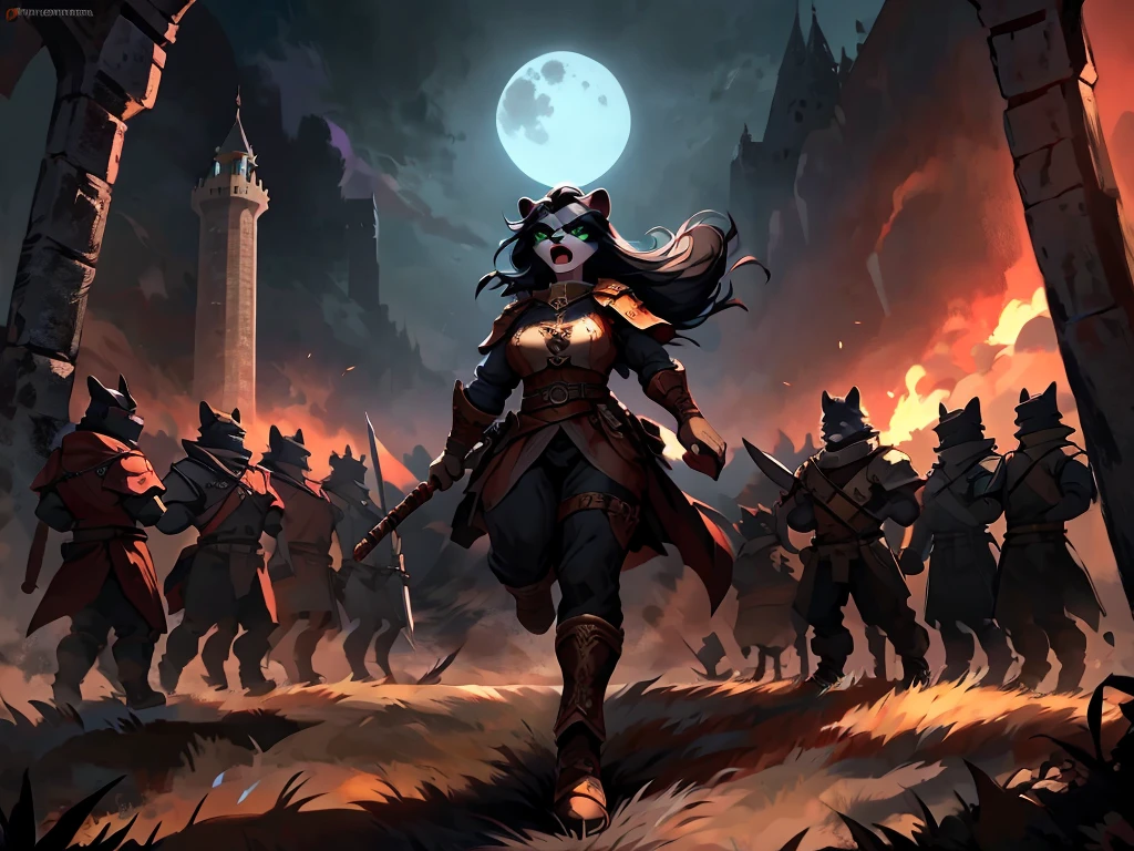 full body, battle ground background、full moon, A female raccoon, custom armor, night, medieval castle, very detailed, masterpiece, ultra resolution, perfect quality ,vivid colors,determined expression, strong shadows,majestic, dark atmosphere, green eyes, surrounded by soldiers, holding spear up, battle cry, war cry, shouting, swinging weapon, attacking with weapon, jumping, in battle, using weapon, long black hair 