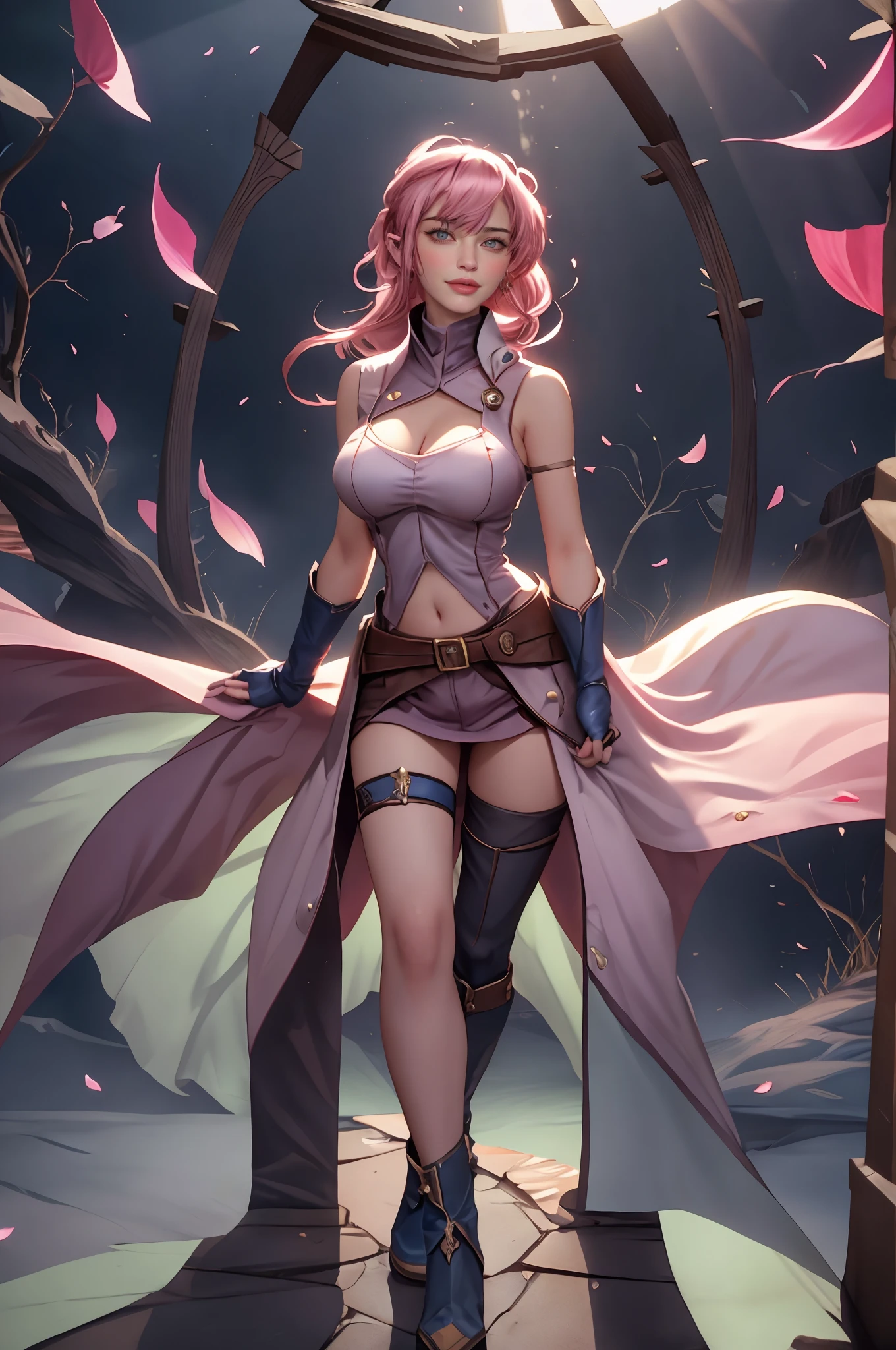 Fantasy ,Full-length portrait of a character,（beste-Qualit，8K，tmasterpiece:1.3），full bodyesbian、(PadoruMeme 1girl)、1girl, revealing clothes, Elf, Pink Hair Shade, square, tail.