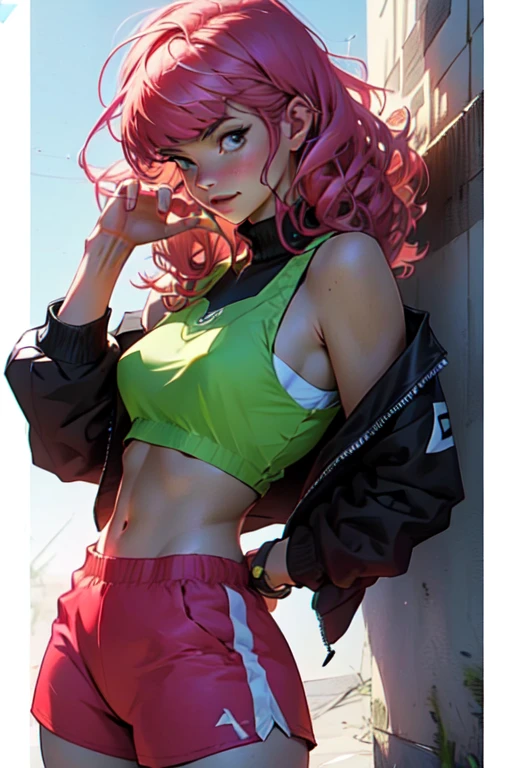 1girl, red hair with pink dyed tips(messy ponytail), pink eyes, wearing small green crop top, underboob, pink below hip sweatpants, green sneakers, absurdres, high res, ultra sharp, 8k, masterpiece, looking at viewer, posing