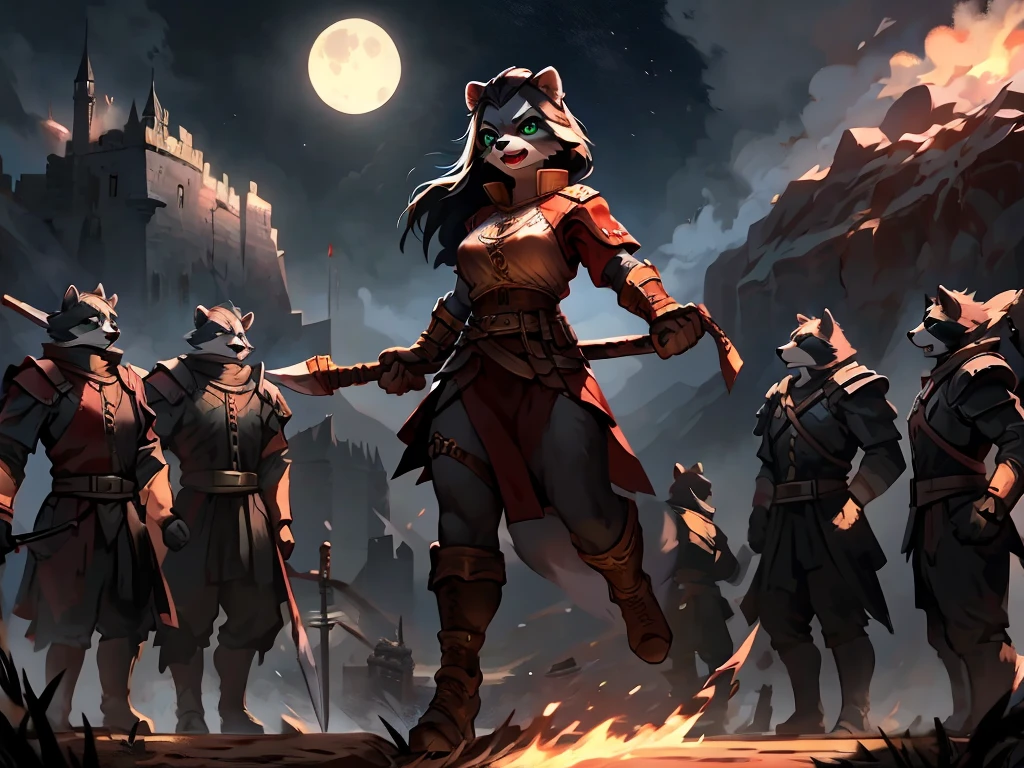 full body, battle ground background、full moon, A female raccoon, custom armor, night, medieval castle, very detailed, masterpiece, ultra resolution, perfect quality ,vivid colors,determined expression, strong shadows,majestic, dark atmosphere, green eyes, surrounded by soldiers, holding spear up, battle cry, war cry, shouting, swinging weapon, attacking with weapon, jumping, in battle, using weapon, long black hair 