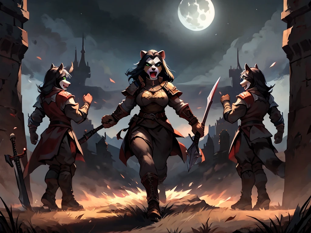 full body, battle ground background、full moon, A female raccoon, custom armor, night, medieval castle, very detailed, masterpiece, ultra resolution, perfect quality ,vivid colors,determined expression, strong shadows,majestic, dark atmosphere, green eyes, surrounded by soldiers, holding spear up, battle cry, war cry, shouting, swinging weapon, attacking with weapon, jumping, in battle, using weapon, long black hair 