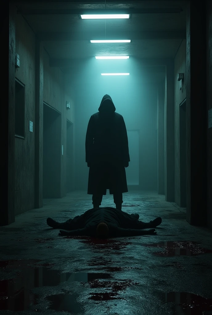  A dark morgue hallway with flickering lights. In the distance, the silhouette of a sinister  of a man with his abdomen opened by the autopsy running towards the viewer, leaving a trail of blood, atmosphere of fear and horror.