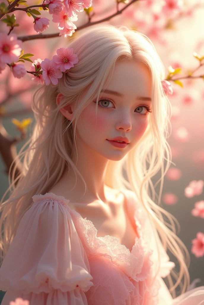 A girl character in the shape of a cherry blossom。cute。fine。bright。kind。