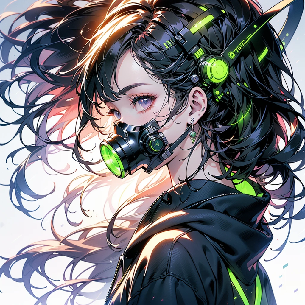 One girl,(((Highest quality、masterpiece、Official Art、Very detailed、Anime Style、Best dynamic composition、profile、Perfect Anatomy)))、 Headphones, hoodie, Vibrant colors, neon, White Background、gas mask、
