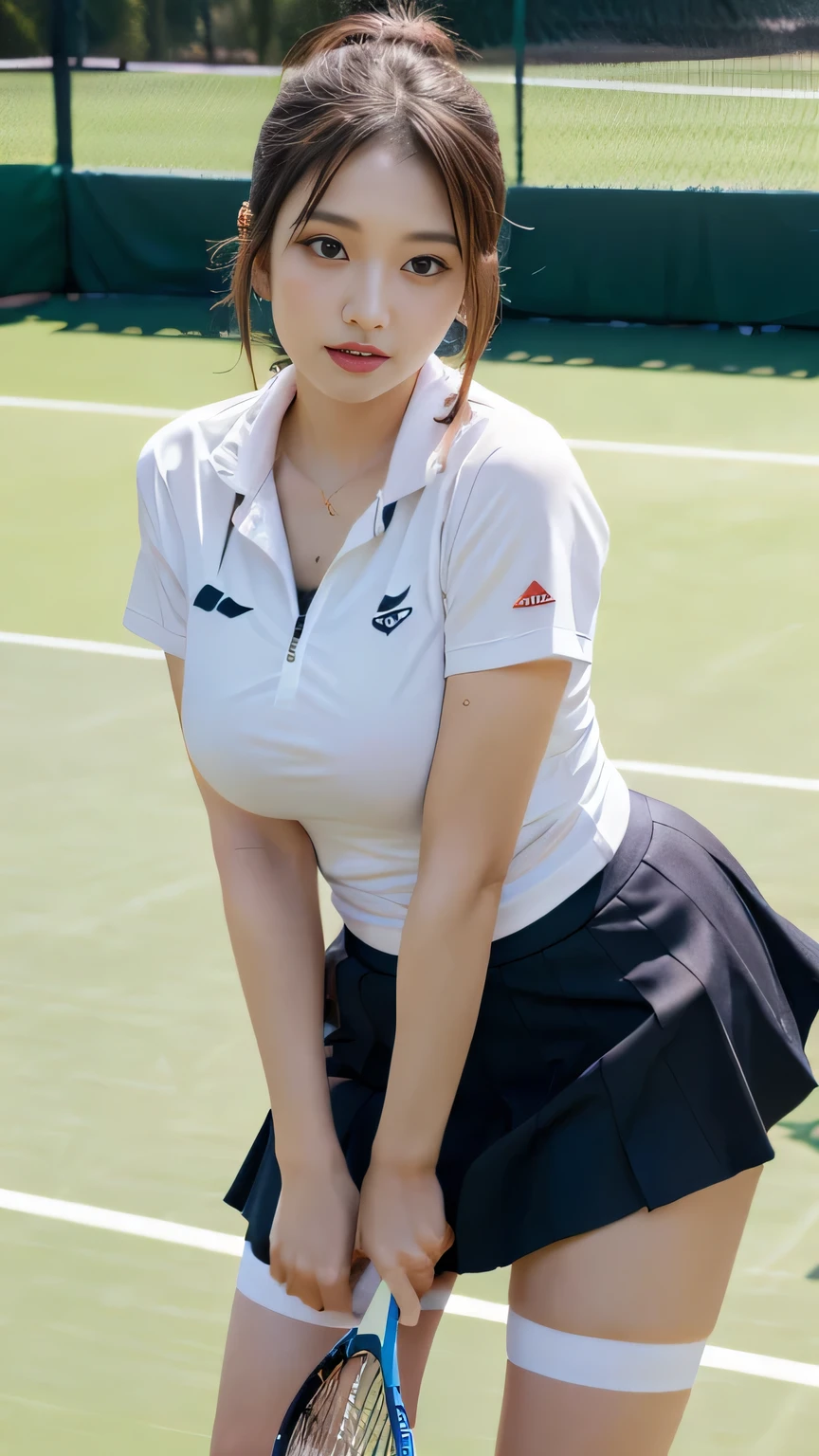 ​masterpiece, 1girl in, 独奏, Luminous Eyes, White sneakers, Tennis Wear, White mini skirt, white  panties, white knee-socks, ​masterpiece, top-quality, realisitic, ultra-detailliert, blue-sky, tennis coat, (grabbing her own breasts:1.5) ((full_Body_shot:1.6)), (From below:0.9), (extremely delicate and beautiful work), ((masuter piece)), (Best Quality), glamor body, One lady, 20yr old, (Wearing a tennis uniform:1.5), (cleavage:1.3),  (Sexually aroused face:1.4), (dynamic pose:1.4), High Nose Bridge, Shoulder cut hair,(Fair skin:1.2), Bright lighting, Natural lighting, Realistic lighting, Lovely lips, Ultra-fine painting、delicated face、Delicate figures、(depth of fields:1.2)、styles、ultra-detailliert、(realisitic、Photo_Realistic:1.4)、physically-based renderingt、Perfect white balance、Professional color grading、8K、Raw foto、color photograph、productphoto。。((top-quality、16 K、​masterpiece:1.3))、20yr old、Beautiful woman with perfect body shape:1.３、((Brown hair))、((Beautiful breasts:1.3))、((a shower、White turbid water))、((the pose))、((Functional))、((crouching down、spread legswide))、((soaked breasts))、(((soaked body)))、(((Drenched pubic hair)))、((Pink Panties))、Taut、(((Big beautiful eyes)))、(((Detailed cute face)))