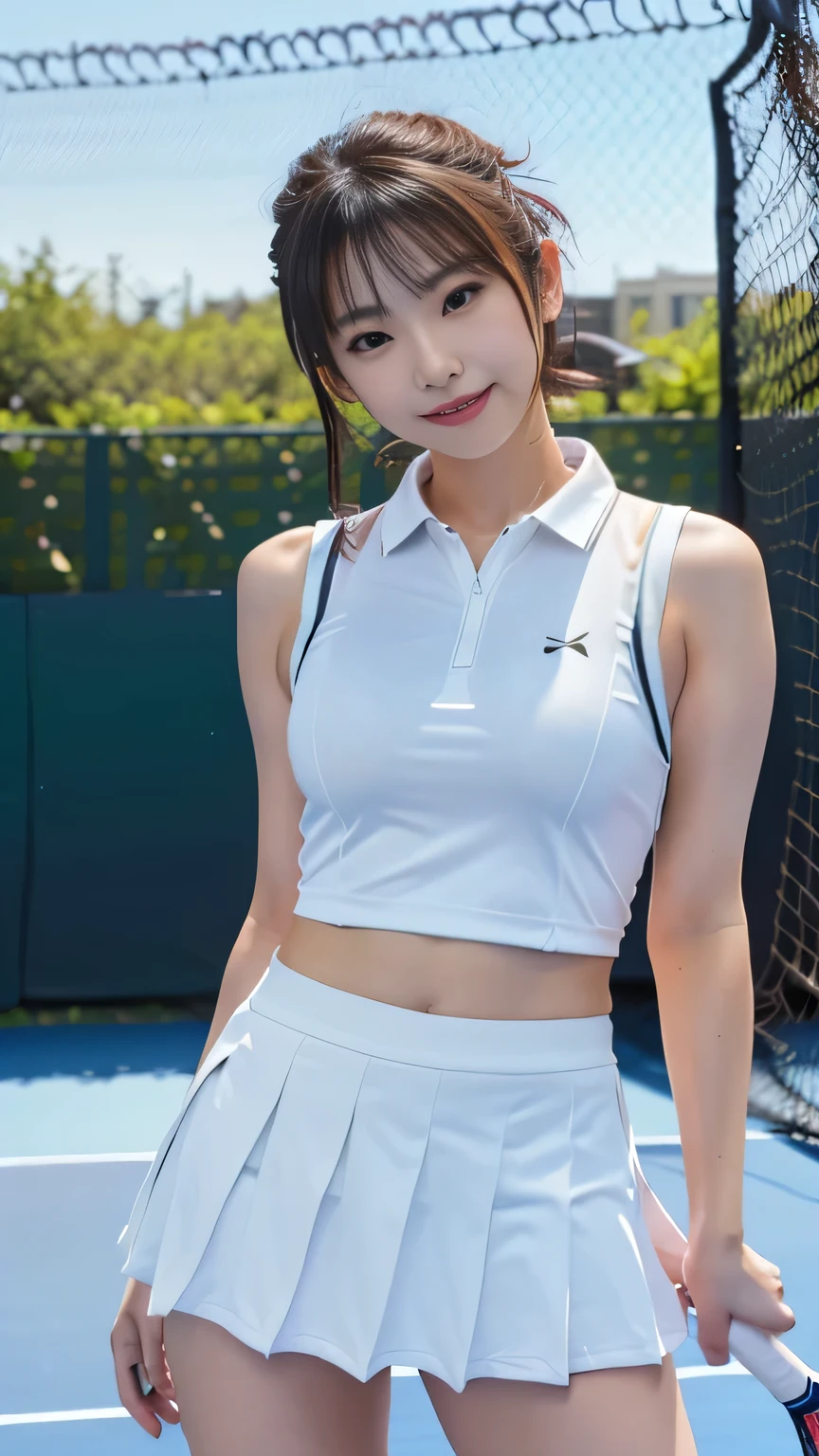 1girl, solo, white polo shirt, white sneakers, tennis wear, white miniskirt, masterpiece, best quality, realistic, hyper-detailed, (shiny skin, sweaty:1.4), absurd, looking at viewer, short black hair, brown eyes, slender, dynamic lighting, high resolution, sharp focus, depth of field, detailed eyes, sharp pupils, realistic pupils, (small breasts:1.6), (thick thighs:1.0), outdoor, sky