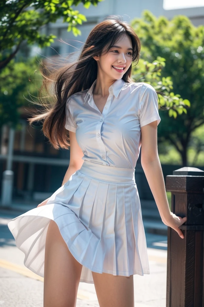 1girl, thai university uniform, hyper-realistic, white plain short-sleeve button up shirt:1.2, Dark blue pleated midium skirt:1.4, silver shirt buttons:1.2, silver minimal plain plate belt buckle:1.2, black long straight messy hair:1.2, masterpiece, best quality, high resolution, 16k, high detailed, face detailed, cinematic lighting, dynamic composition, slim and perfect figure, perfect body proportions, depth of field, rule of thirds, medium breast, emphasize on breast and hip and thigh and bottoms, university, skirt tug:1,4, wind lift:1.4, laughing, smiley eyes, red cheeks, shy, hair blow, upper body shot, windy:1.4, standing, 2 hands grab hem of the skirt:1.4, white panties:1.4, Skirt flipped up by strong wind:1.4, brown suede belt:1.2, marilyntug:1.4