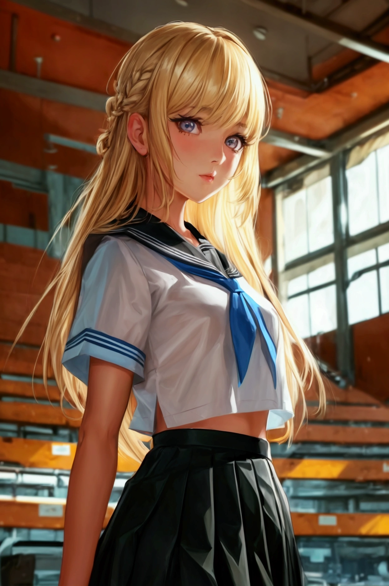 top-quality、realistic touch,high-detail、photoRealstic、thin-waist、captive beauty、big eye、solid platinum-blonde eyelashes、platinum-blonde、full body Esbian、Sparkling eyes, cheeks flushed、thin-waist、In the classroom of the school、She is in estrus、a sailor suit、cocky expression、Super short skirt with V-line visible、Sleeveless、Navel look、small tits、Ponytail hair style、a sailor suit that is extremely short in length、Black thigh socks、huge tit