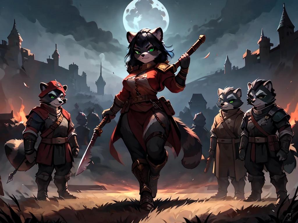 full body, battle ground background、full moon, A female raccoon, custom armor, night, medieval castle, very detailed, masterpiece, ultra resolution, perfect quality ,vivid colors,determined expression, strong shadows,majestic, dark atmosphere, green eyes, surrounded by soldiers, holding weapon up, battle cry, looking over shoulder, swinging weapon, attacking with weapon, in battle, using weapon, long black hair 