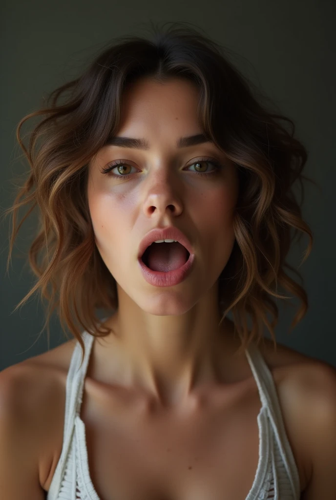 beautiful brunette woman, big breasts, curly hair, surprised half-naked after taking a hot shower, expressions of surprise, overwhelming and sensuality, exciting, sensual, erotic, (best quality,4k,8k,highres,masterpiece:1.2),ultra-detailed,(realistic,photorealistic,photo-realistic:1.37),HDR,UHD,studio lighting,ultra-fine painting,sharp focus,physically-based rendering,extreme detail description,professional,vivid colors,bokeh,portraits,photography,warm colors,dramatic lighting