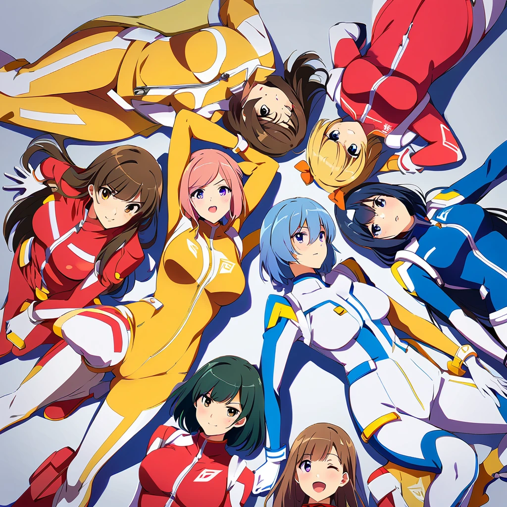 super sentai series, hero suits, girls surrounding, multiple girls, 