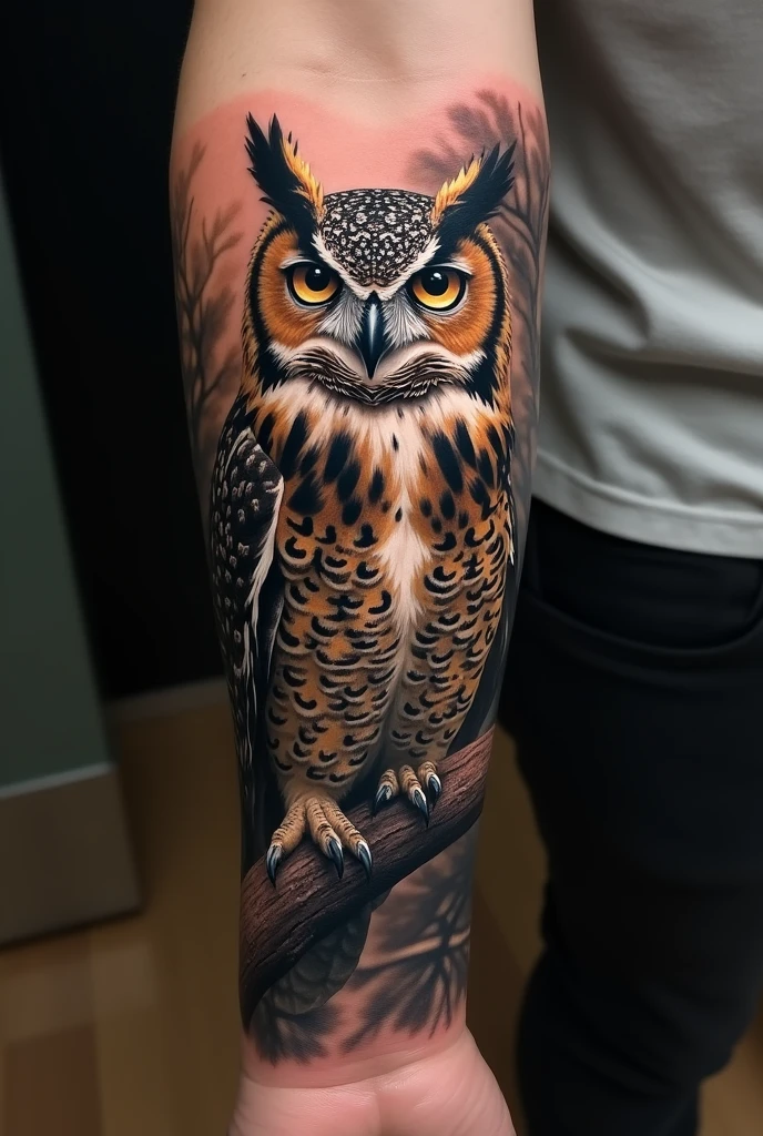 Owl tattoo on arm, snake and butterfly 
