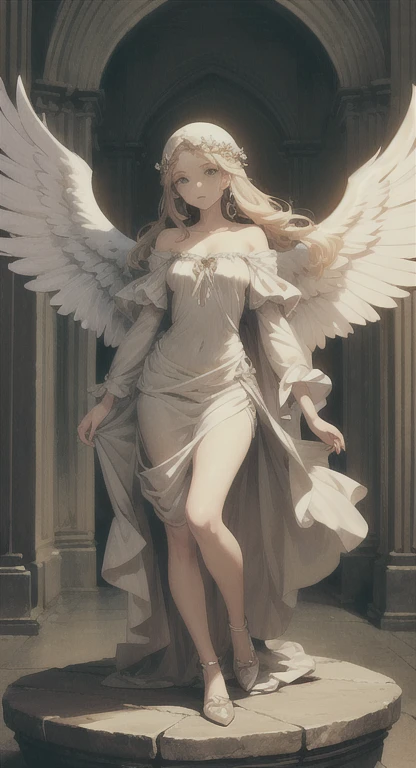 an extremely delicate and beautiful girl with golden pupil, Holy, intricate detail, amazing quality, (masterpiece), (high quality), wallpaper 8K CG, high resolution, extremely detailed, photorealistic, beautiful detailed, full body, best detailed girl, depthoffield, mount the cloud and ride the mist, beautiful detailed fullbody, Perfect body, single human girl, detailed long hair, dynamic hair, long bangs, gold hair.lace, streaked hair, beatiful detailed hair, super fucking beautiful, grin, gorgeous detailed eyes, Slightly open mouth, human hands, medium chest circumference, slim legs, beauty detailed eye, Smooth skin, wave at the edge of dress, angel halo, gem necklace, angel wing, translucent fluttering dress with lace, white silk Clothes, volumetric lighting, grand space, delicate background, holy, complex details,