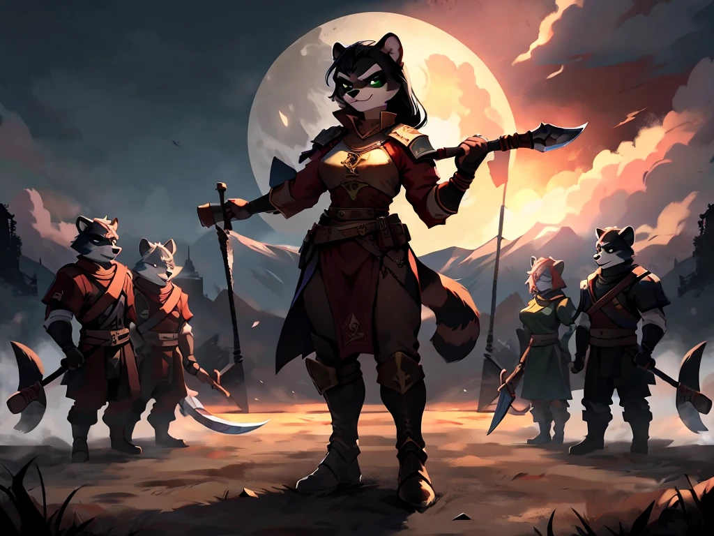 full body, battle ground background、full moon, A female raccoon, custom armor, night, medieval castle, very detailed, masterpiece, ultra resolution, perfect quality ,vivid colors,determined expression, strong shadows,majestic, dark atmosphere, green eyes, surrounded by soldiers, holding weapon up, head turned, looking over shoulder, swinging weapon, attacking with weapon, in battle, using weapon, long black hair 