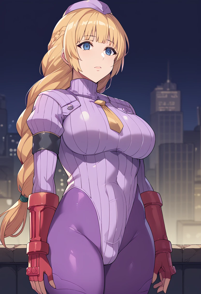 (score_9, score_8_up, score_7_up, score_6_up, score_5_up, score_4_up,source_anime), fpo_up、1girl,Alone,sexy mature woman,athletic body, Defin Grid、bangs、Braided Ponytail、blue eyes、Blonde,standing, , purple dollsuit, dark persona, empty eyes, large breasts,emotionless , city background, night、Purple cap