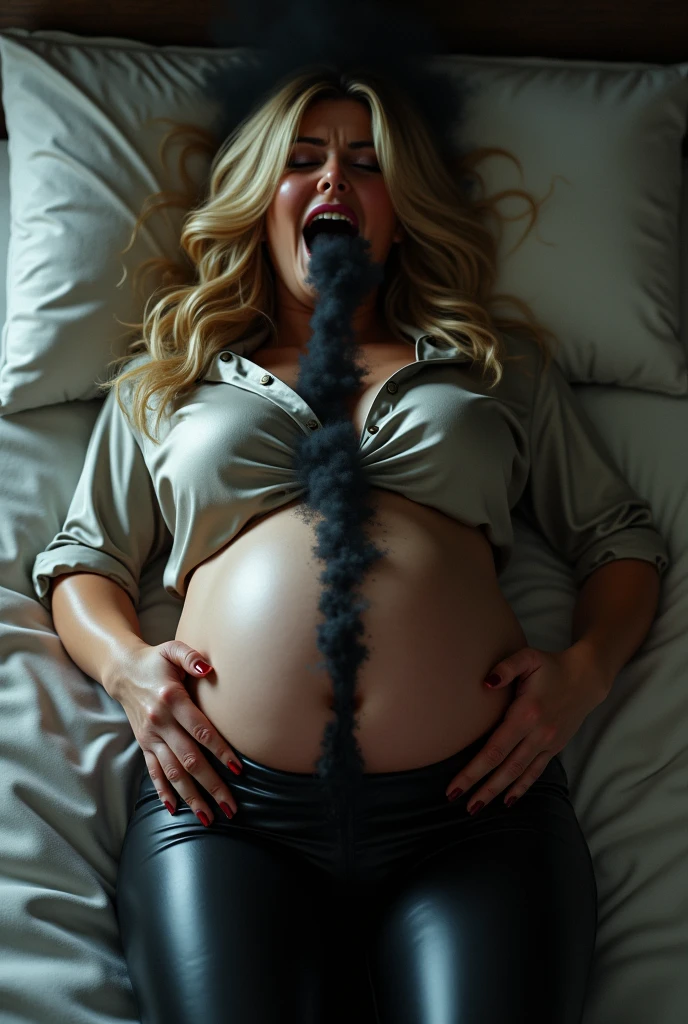 best quality, masterpiece , 1girl, light smile, black leather jacket, dramatic lighting, goth, black hair, black lipstick, fishnets, black boots, pregnant, shorts, sitting on you, touching breasts,
