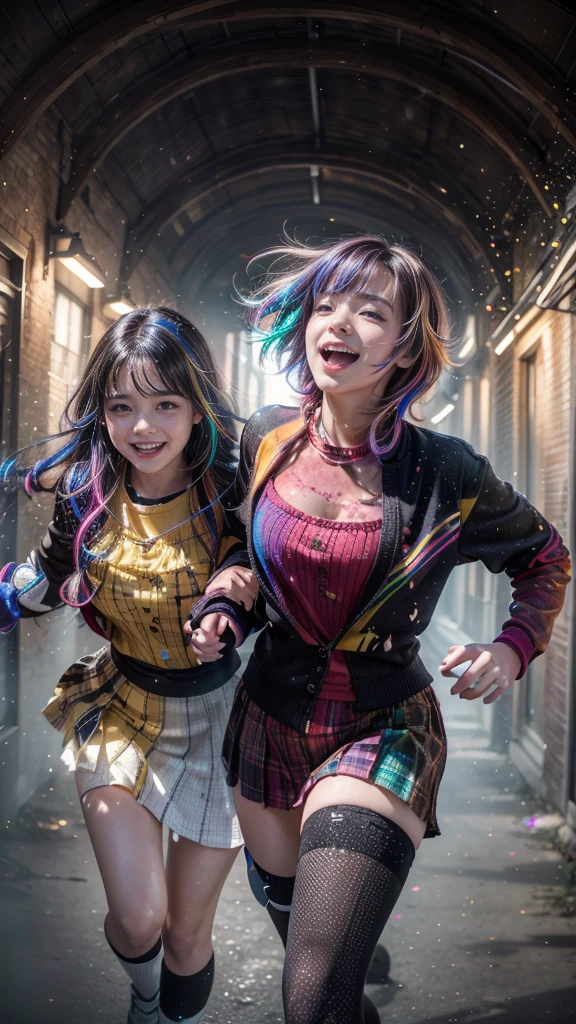 {{masterpiece}}, highest quality, Highly detailed CG Unity 8K wallpaper, cinematic lighting, Lens flare, beautiful detailed eyes, black, side line, multi-colored hair, colorful light, particle, heterochromia, (colorful:1.5), (colorful hair:1.5),2 young girls wearing school uniforms black and white,running in the school garden,laughing,teeth,
