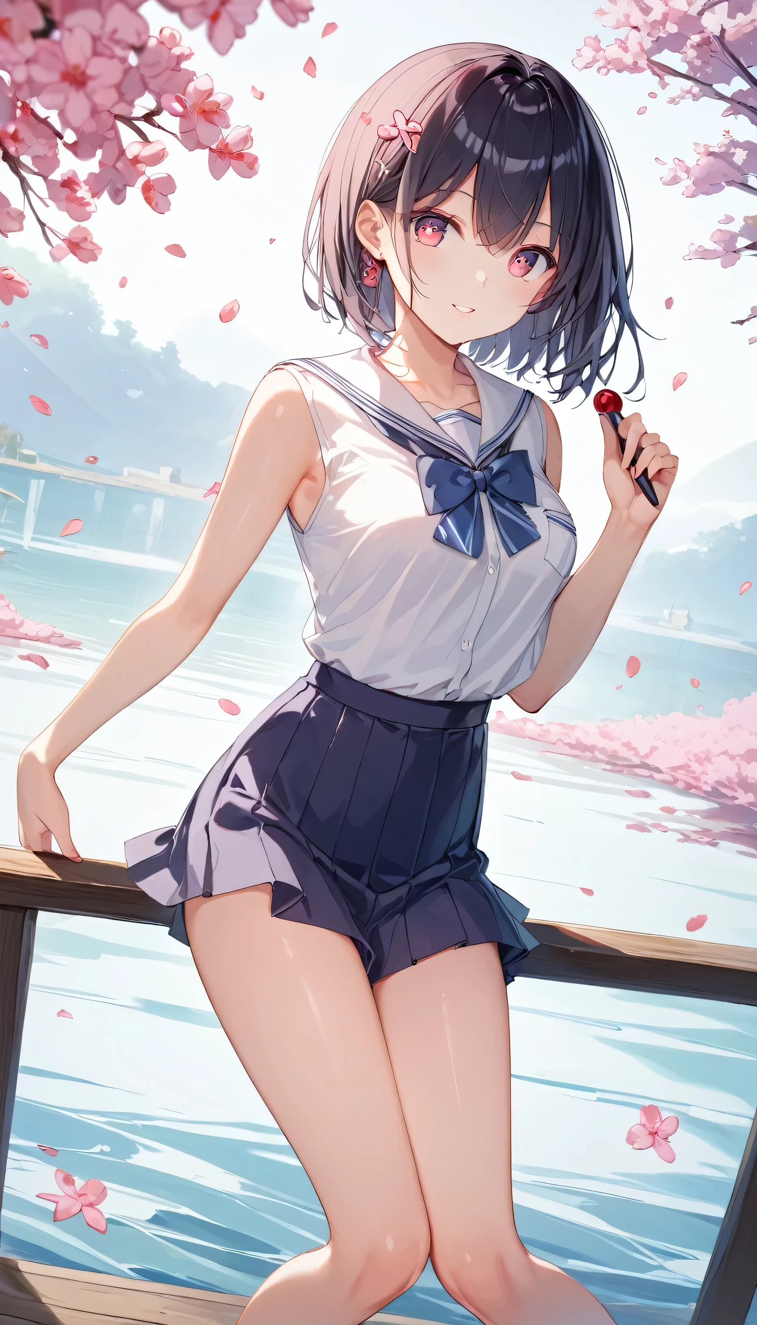 Score_9、Score_8_superior、Score_7_superior、sauce_anime、High-resolution images、Best Quality、girl、Cute Face、Beautiful Skin、Shiny Hair、Highly detailed eyes、Simple Background、Jozipan、mini skirt、、river、cherry blossoms、((A very cute girl from Primary School.))、 Smalkin)、(Beautiful Skin)、(Slim body)、(Thin legs)、