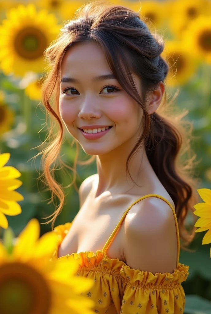 (((Nude))), ,(1若い女の子Very detailed美しい顔), (((Natural Makeup))),Great face and great quality:1.4), (Ultra-detailed), (Very detailed CG 統合 8k 壁紙), Very detailed,21 years old, High resolution raw color photos, Professional photography, Realistic portraits, Great face and eyes, Brown eyes,(((Straight medium brown hair))), model, Depth of written boundary,,sit,smile,(((Nude))),(((Quite small breasts))),(Leg spread),(((Graceful pose))),,Sunflower field,
