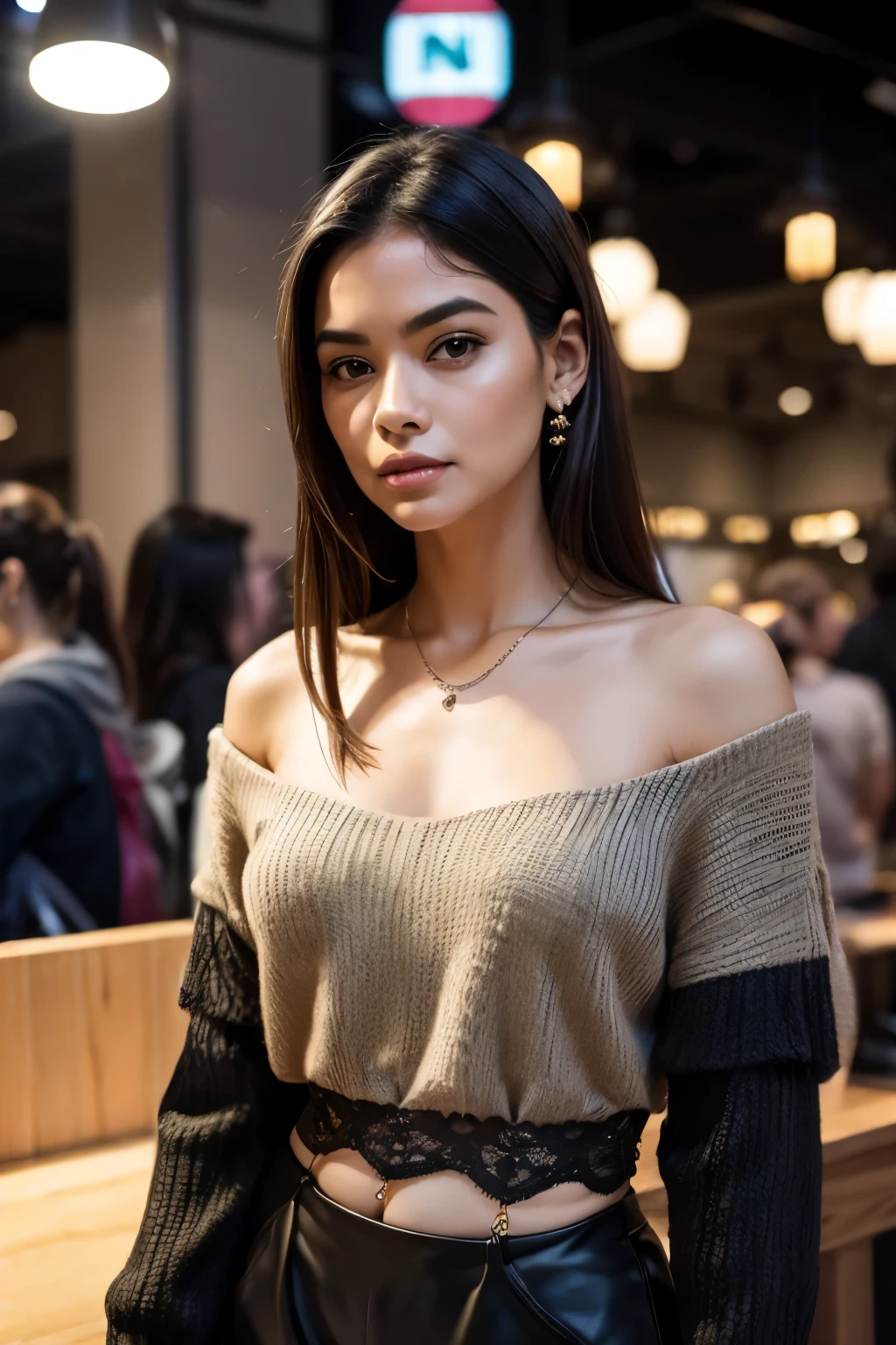 SamRelagado piercing eyes, looking straight,long hair, wearing an off-shoulder sweater, choker, closeup portrait, in a outdoor cafe in 2015, afternoon light<lora:SamRelagado:1.0>