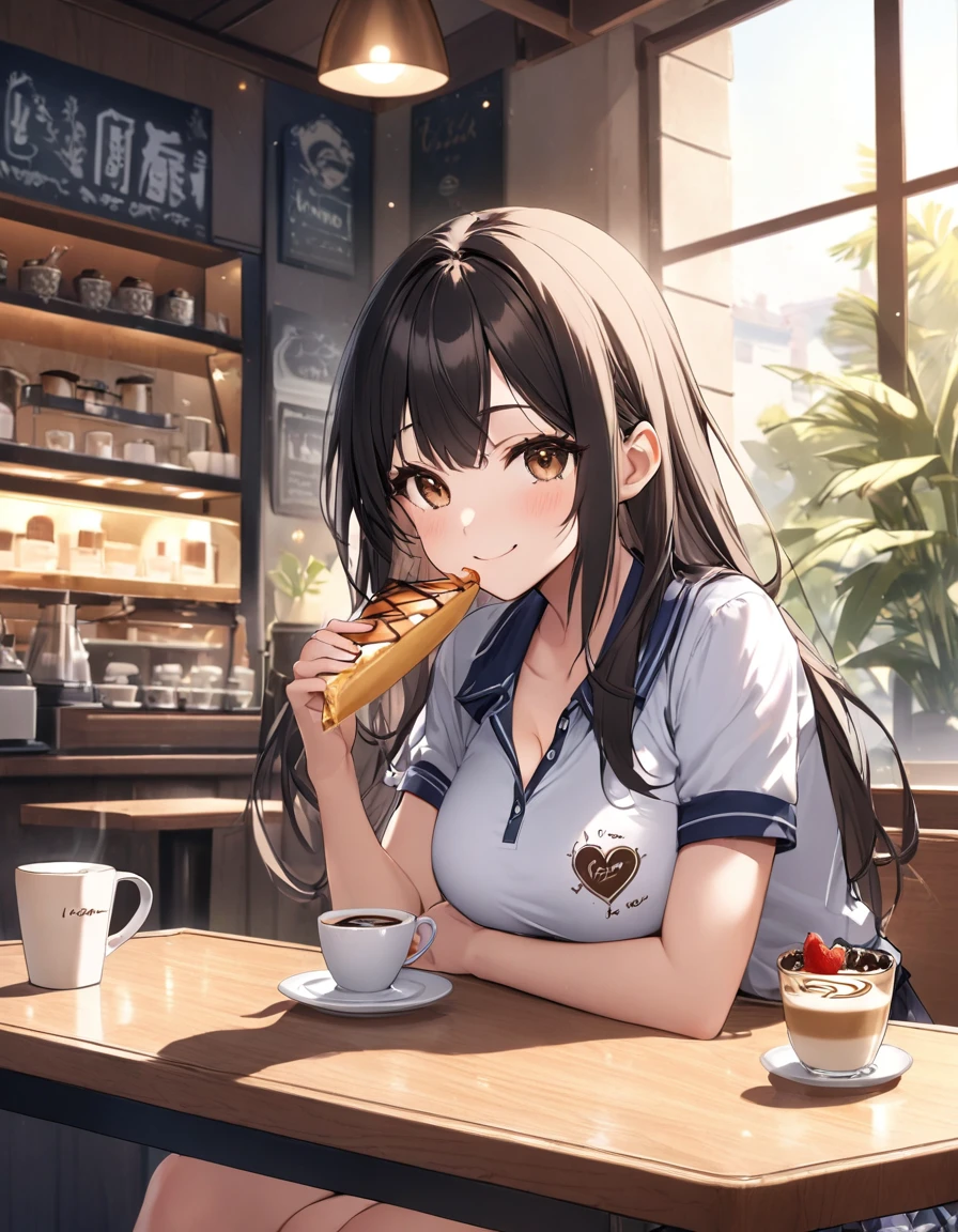 4k, bestquality, detailed, detailed scenery, detailed eyes, 1Girl, cute, adorable, straight hair, long hair, black hair, brown eyes, cleavage, smiling, looking at the camera, sitting, at cozy cafe, drinking a cup of coffee, (on table A latte art etching of the words 'I LOVE YOU':1.5), (Holding and eating a crepe shaped like an inverted triangle by hand:1.0),  school uniform, Polo shirt, mini skirt