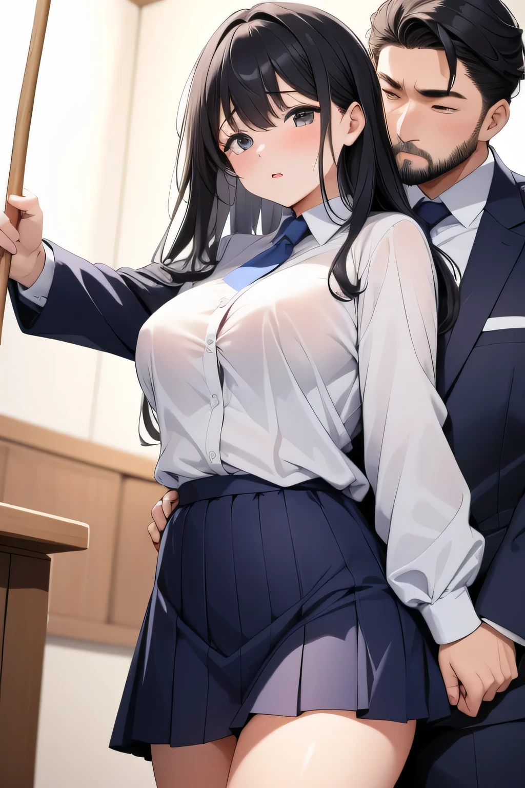 school class, a 25 year old Italian girl with super giant breasts and a guy groping the girl, the girl is wearing a torn blouse and a miniskirt, the girl has long loose black hair
