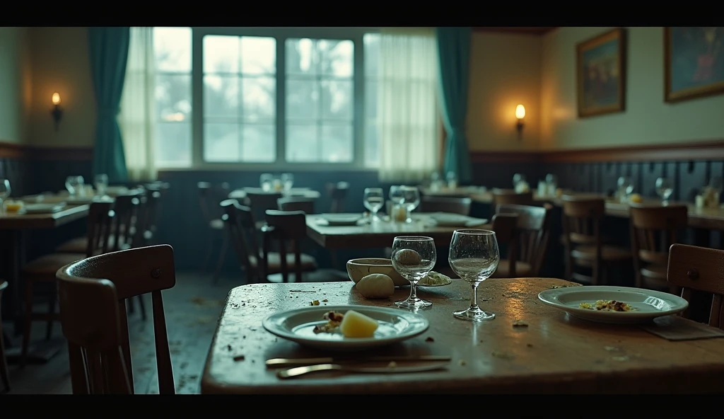 empty restaurant table . food thrown on floor. broken plates are on floor, some forks and spoon also on floor