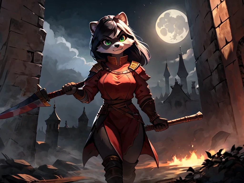 full body, battle ground background、full moon, A female raccoon, custom armor, night, medieval castle, very detailed, masterpiece, ultra resolution, perfect quality ,vivid colors,determined expression, strong shadows,majestic, dark atmosphere, green eyes, surrounded by soldiers, holding weapon up, head turned, looking over shoulder, swinging weapon, attacking with weapon, in battle, using weapon, long black hair 