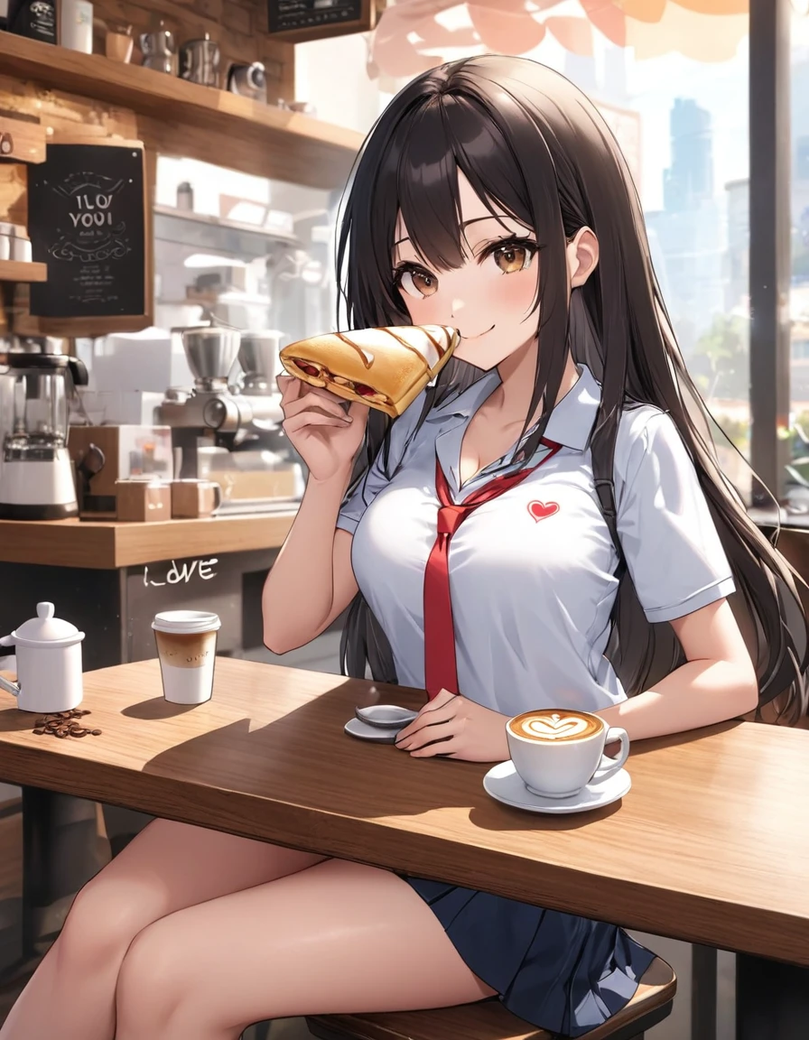 4k, bestquality, detailed, detailed scenery, detailed eyes, 1Girl, cute, adorable, straight hair, long hair, black hair, brown eyes, cleavage, smiling, looking at the camera, sitting, at cozy cafe, drinking a cup of coffee, (on table A latte art etching of the words 'I LOVE YOU':1.5), (Holding and eating a crepe shaped like an inverted triangle by hand:1.0),  school uniform, Polo shirt, mini skirt