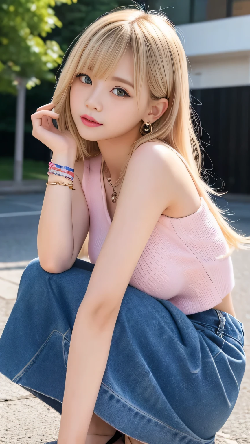 (quality),8k,(masterpiece:1.3),(Three Girls:1.3),(In the name の Mina),Beautiful Korean Girl, Korean pop idol、Crouched down and staring at you、Summer Sweaterの中はタンクトップを着ています、Gal clothes、Flashy accessories、輝く明るいプラチナblondeのショートヘアー、美しい short blonde French braided hair、Shiny, beautiful bangs、Very long eyelashes、Big eyes、Perfect beauty、Ample breasts、Sexy big boobs， beautiful sexy cute looking pretty face、A strong wind blows my hair in front of my face、With tears in my eyes、Sparkling eyes、Summer Sweater、Inner tank top、Sexy shot of a girl looking at the camera、Sexy Face、Crouched down and staring at you、A face of ecstasy、Face at peak sexual arousal、Open-air bath in the sky、Sky Pool、(Highlight color hair,pink、blonde、Ear Piercing、necklace、Roman alphabet tattoo on arm、Layer Cut Hair)、Earrings、Many thin bracelets、Squat on the ground with your legs apart、Highly detailed faces and skin tones, (body tattoo, Full body tattoos)、Beautiful posture、Always wear a tight mini skirt、Crouched down and staring at you、I&#39;ve been to famous places around the world、The background is a spectacular view、
