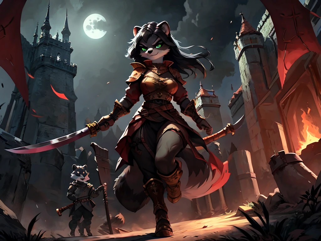 full body, battle ground background、full moon, A female raccoon, custom armor, night, medieval castle, very detailed, masterpiece, ultra resolution, perfect quality ,vivid colors,determined expression, strong shadows,majestic, dark atmosphere, green eyes, surrounded by soldiers, holding weapon up, head turned, looking over shoulder, swinging weapon, attacking with weapon, in battle, using weapon, long black hair 