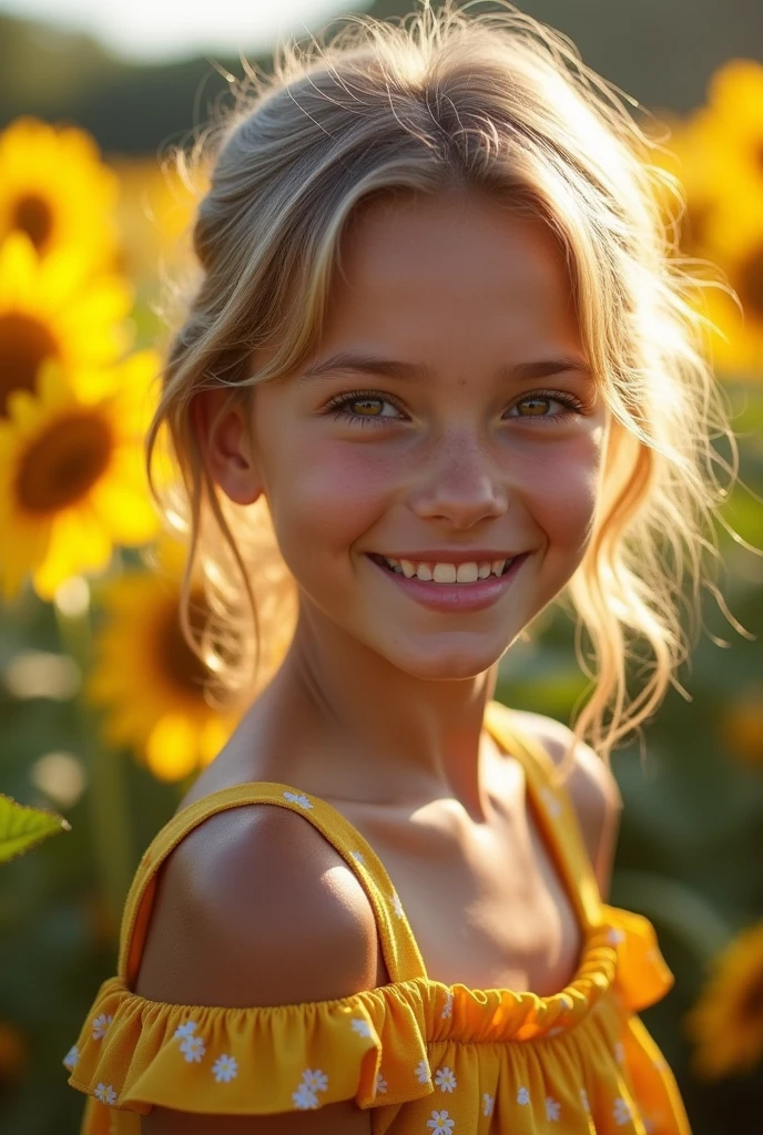Unparalleled girl alone, massif dress,pretty,Cute and beautiful girl,europa,(big smile:1.2),cowboy shot,avant-garde string camisole dress,braided sandals,The background is a colony of sunflowers,Sunlight sparkling,realistic skin texture,low angle,a small child with realistic skin wearing a floral massif-dress, ecstasy expression, very thin thighs, in a midsommar garden with sunflowers,extremely detailed eyes and face,longeyelashes,hyperrealistic,ethereal,surreal,dramatic lighting,cinematic,natural lighting,warm color palette, insane (max best quality),(insane best details),(insane realistic),(insane masterpiece:1.2),ultra-detailed,(insane raw realistic:1.37),insane professional photorealistic,(insane photo-realistic:1.37),HDR,DSLR,studio lighting,ultra-fine real-life,ultra sharp focus,physically-based rendering,extreme detail description,professional,vivid colors,portrait,concept art,hyperrealistic,high saturate,varies,multi,etc. --v 6 --s 1000 --c 20 --q 500 --chaos 100