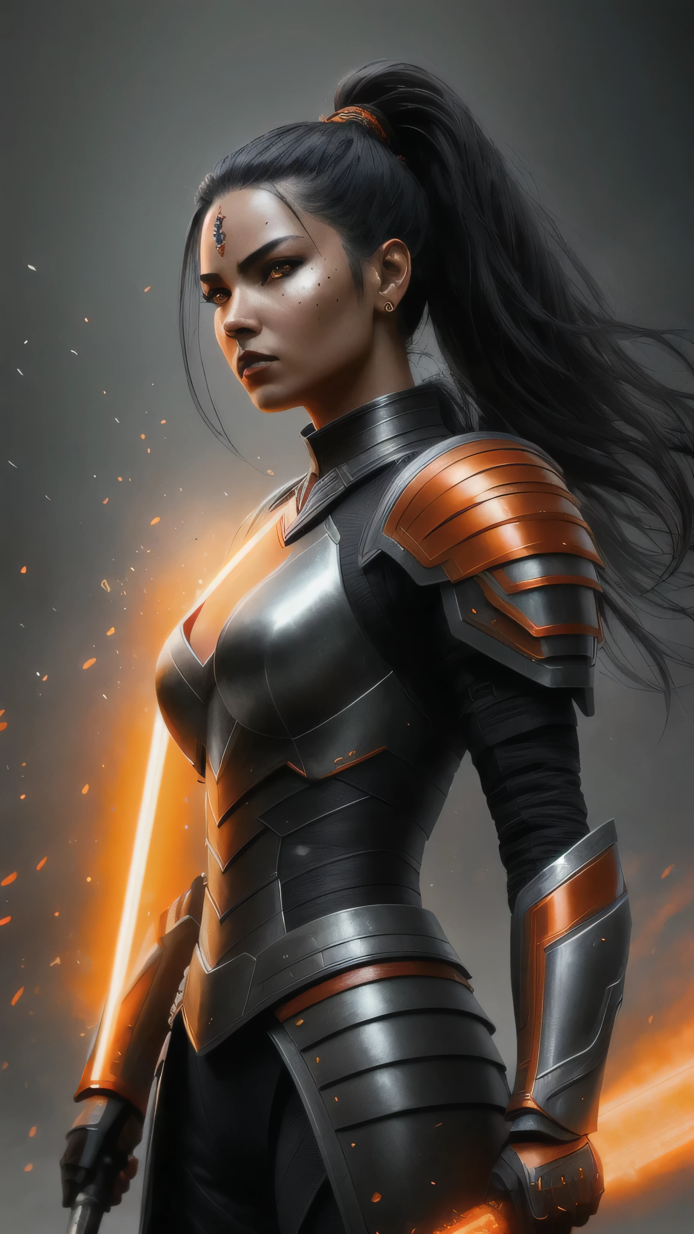 warrior woman, futuristic armor, round shield in one hand, weapon in the other hand. dark grey hair ponytail, distinct red face markings, sleek armor with black and dark metal tones, glowing orange lines, smoky distant battlefield, soft light shining, stands confidently, fierce determined expression, dynamic illustration, (insanely detailed, beautiful detailed face, masterpiece, best quality), cinematic lighting, 1woman, solo, full body view, (front view), looking at viewer, intricate, high detail, sharp focus, dramatic, photorealistic painting art by greg rutkowski