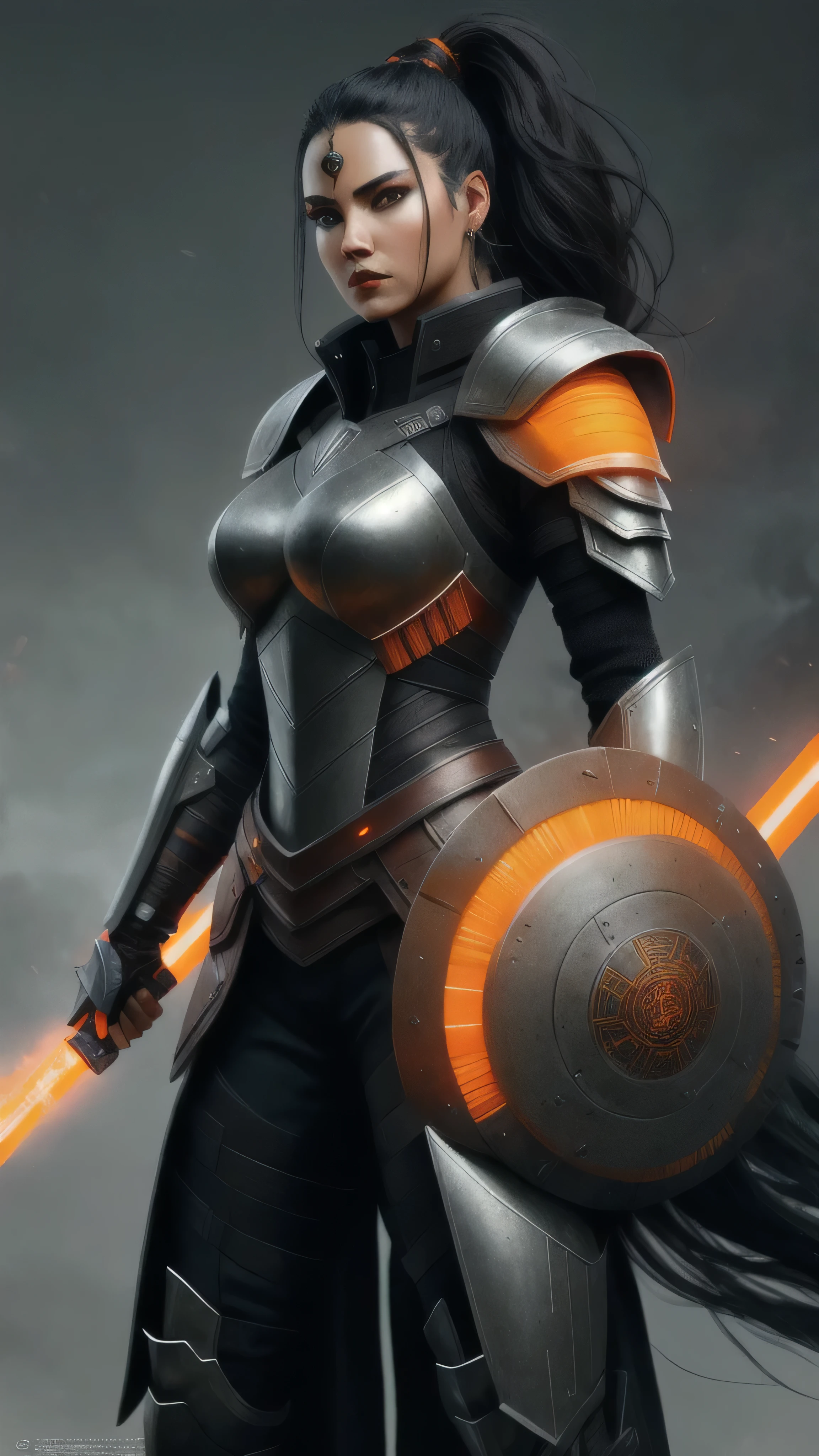 warrior woman, futuristic armor, round shield in one hand, weapon in the other hand, dark grey hair ponytail, distinct red face markings, sleek armor with black and dark metal tones, glowing orange lines, smoky distant battlefield, soft light shining, stands confidently, fierce determined expression, dynamic illustration, (insanely detailed, beautiful detailed face, masterpiece, best quality), cinematic lighting, 1woman, solo, full body view, front view, looking at viewer, intricate, high detail, sharp focus, dramatic, photorealistic painting art by greg rutkowski